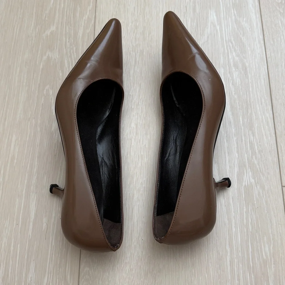 Prada Chocolate Brown Closed Pointed Toe Kitten Heels - Picture 3 of 13